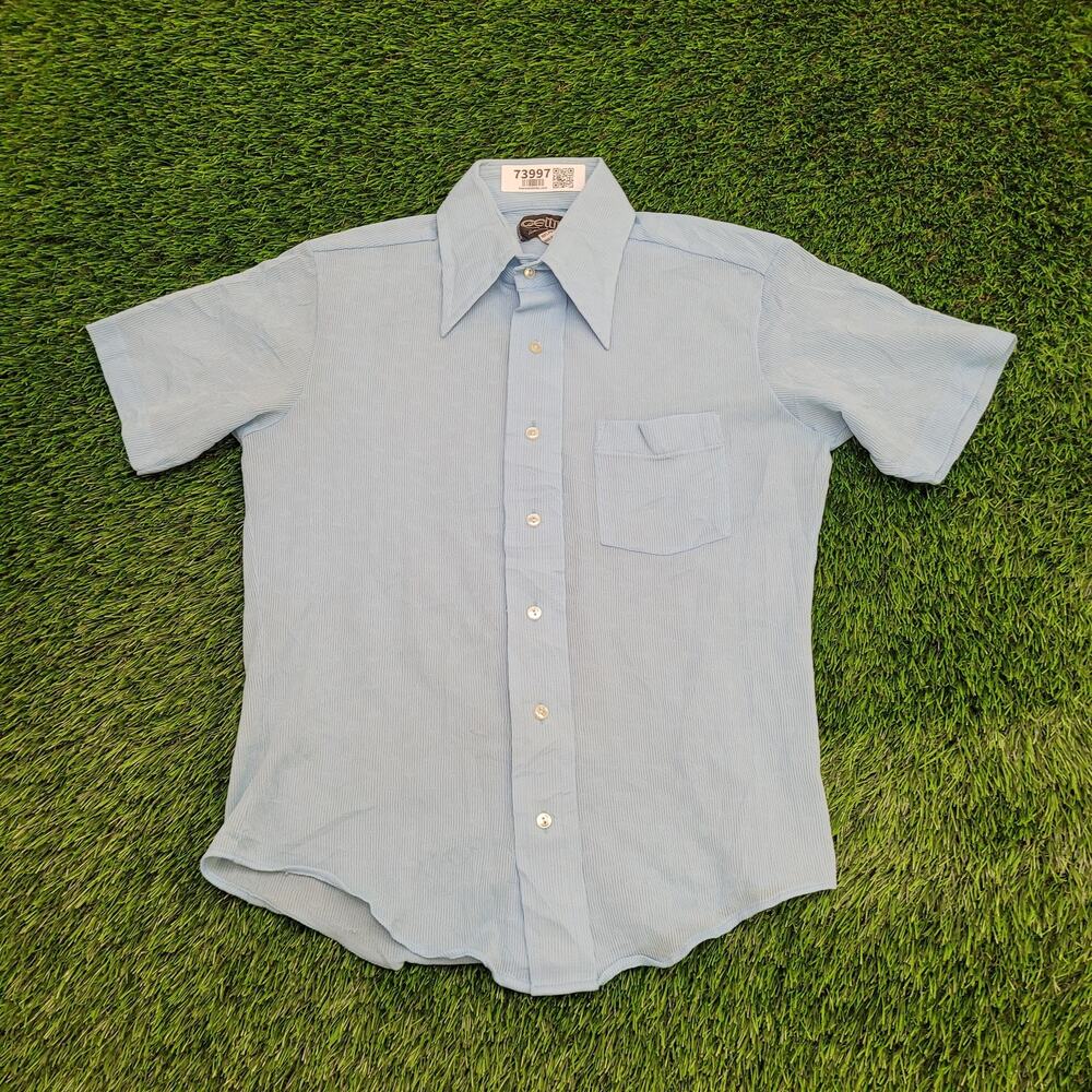 Vintage 70s Disco Button Shirt Medium 19x25 Polyester Blue